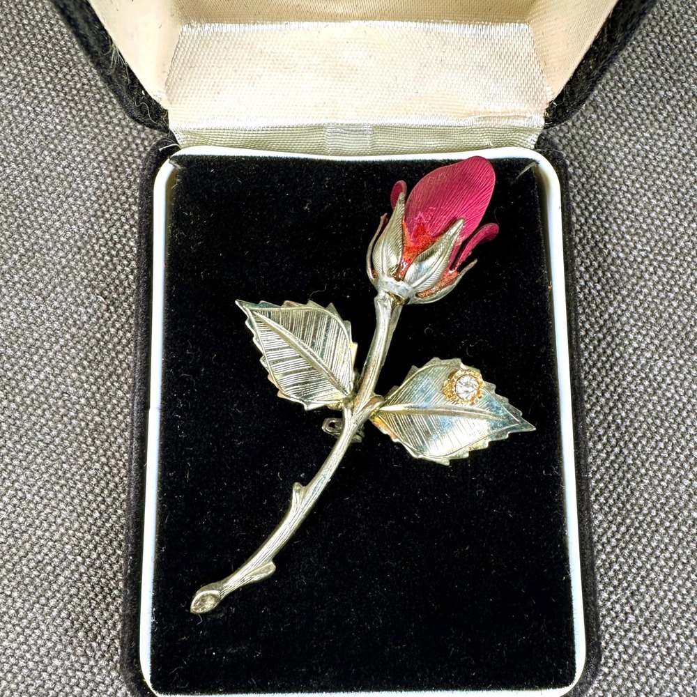 Vintage Royale Gems Gold Tone Rose Brooch‎ Pin Red Petals Rhinestone Leaf 3"